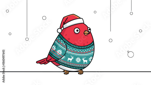 Adorable cartoon robin wearing a festive Christmas sweater and a Santa hat, perched on a wire as snow falls gently.