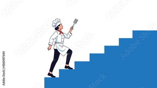 Female chef in uniform and hat holding a spatula like a torch while climbing a set of stairs, symbolizing career growth.