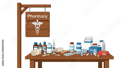 Wooden pharmacy counter filled with various medicines, pills, bottles, and bandages, with a hanging sign featuring a caduceus symbol.