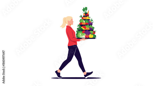 Healthy young woman in athletic wear walking and carrying a large platter piled high with fresh fruits and vegetables.
