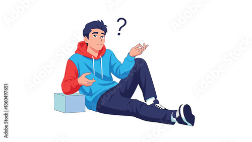 Young man in a hoodie sitting on the floor looking confused, shrugging with a large question mark floating above his head.