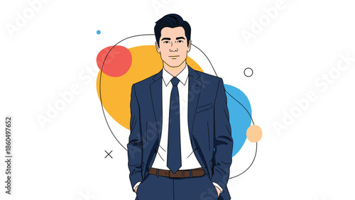 Portrait of a handsome and confident young businessman in a blue suit and tie, with his hands in his pockets.