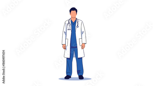 Full-body vector illustration of a professional male doctor standing confidently, wearing a lab coat over scrubs and a stethoscope.