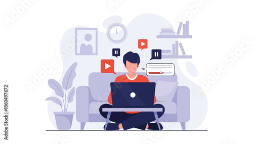 Person immersed in remote work using laptop at home, surrounded by digital communication and social media elements