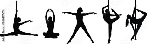 Pole dancing and yoga silhouette, flexibility poses, strength movement, artistic fitness, black line art, body motion, vector sketch
