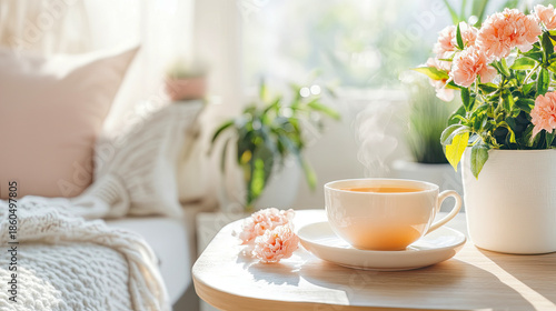 Wallpaper Mural Serene morning scene with steaming cup of herbal tea placed on light wooden table, adorned with fresh pink flowers and lush green plants, bathed in soft sunlight, evoking comfort and tranquility. Torontodigital.ca