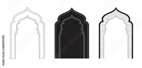 Islamic Arch Designs in Three styles vector set line art, silhouette and color version for Islamic Design, App UI, Posters and Branding