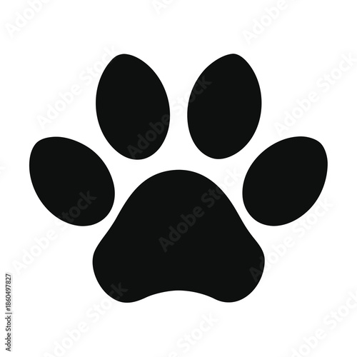 A simple black silhouette of a paw print representing pets and animal care