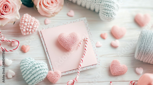 Cozy pastel flat lay featuring various knitted and smooth hearts, delicate pink roses, customizable blank greeting card, and charming striped twine on rustic white wood background, embodying love and 