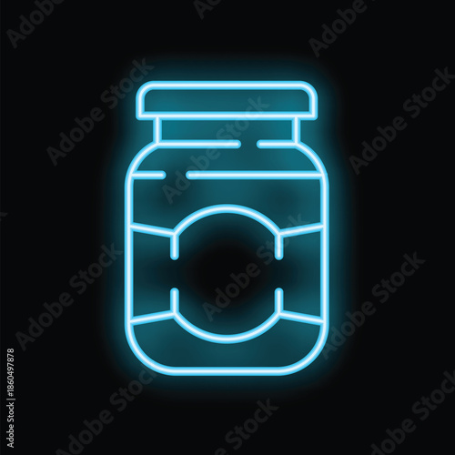 Glowing neon icon of a closed jar with blank label, ideal for food industry related designs