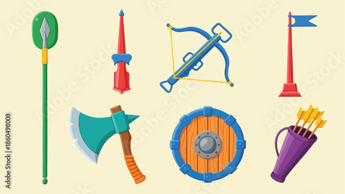 Flat design medieval weaponry set including green spear close up, red sword with blue guard, blue crossbow angled view, detailed wooden shield and brown axe with orange handle illustration