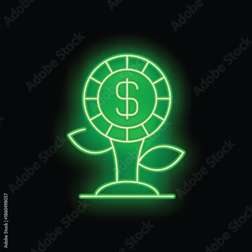 Neon green money plant growing with a coin instead of flower on black background