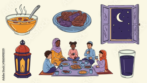 Hand drawn flat design family sitting together eating traditional iftar meal during ramadan at home with lantern, soup, meat platter, and night window scene under crescent moon illustration