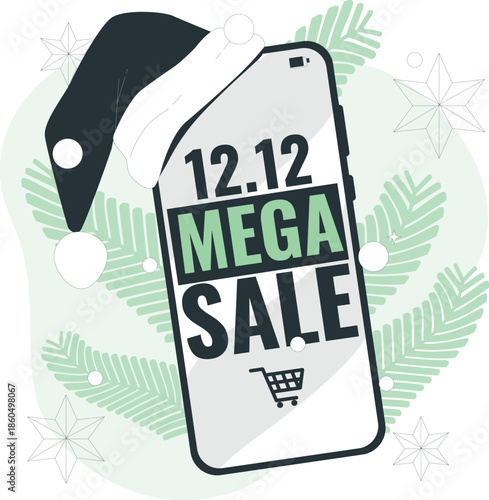 A smartphone with a Santa hat displaying a mega sale advertisement surrounded by festive elements