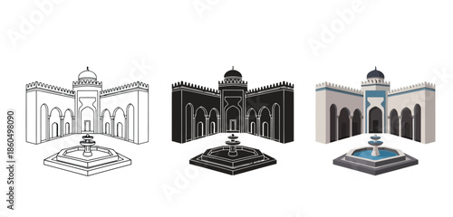 Mosque with Fountain Designs in Three styles vector set line art, silhouette and color version for Islamic Design, App UI, Posters and Branding