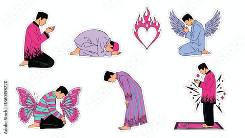 Colorful vector art showing various praying men with butterfly wings and angel wings kneeling or bowing in spiritual devotion with glowing heart and flame symbol above