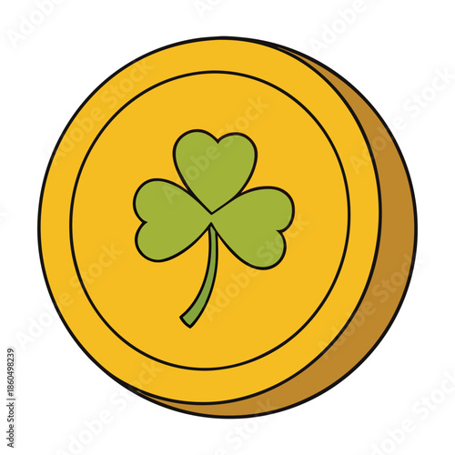 Shiny golden lucky coin adorned with a delicate clover leaf, symbolizing prosperity, fortune, and positive energy, glowing with charm and timeless good luck.
