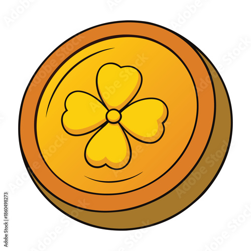 Shiny golden lucky coin adorned with a delicate clover leaf, symbolizing prosperity, fortune, and positive energy, glowing with charm and timeless good luck.
