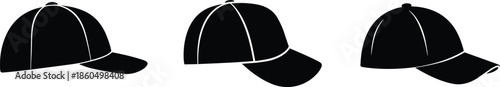 Baseball Cap Silhouette Collection Vector Illustration, Classic Sport Hats in Different Angles, Black Minimal Headwear Design for Fashion and Apparel
