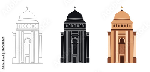 Mosque Icons in Three styles vector set line art, silhouette and color version for Islamic Design, App UI, Posters and Branding