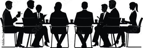 Business Meeting Silhouette Illustration, Corporate Team Discussion at Conference Table, Professional Men and Women Black Vector Design for Office Concept