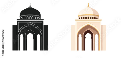 Mosque Architecture in Three styles vector set line art, silhouette and color version for Islamic Design, App UI, Posters and Branding