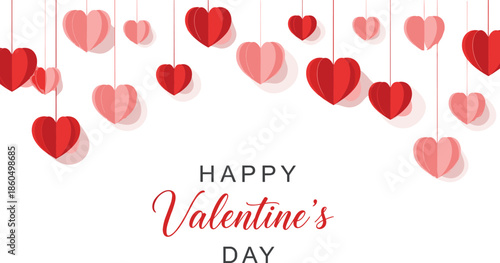 Happy Valentine’s Day greeting design with hanging red and pink hearts, romantic love celebration background illustration