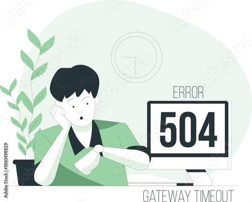 A frustrated person experiencing a gateway timeout error on their computer in an office environment