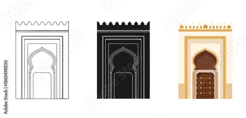 Islamic Archway in Three styles vector set line art, silhouette and color version for Islamic Design, App UI, Posters and Branding