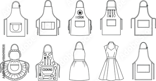 Set of kitchen apron line art illustrations including various cooking bib designs pinafores and chef protective wear for culinary projects