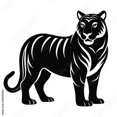 A striking black silhouette of a tiger in a standing pose icon style