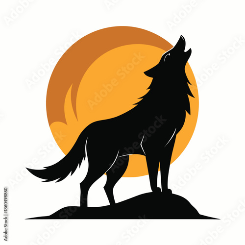 A striking black silhouette depicts a wolf howling at the moon a modern icon