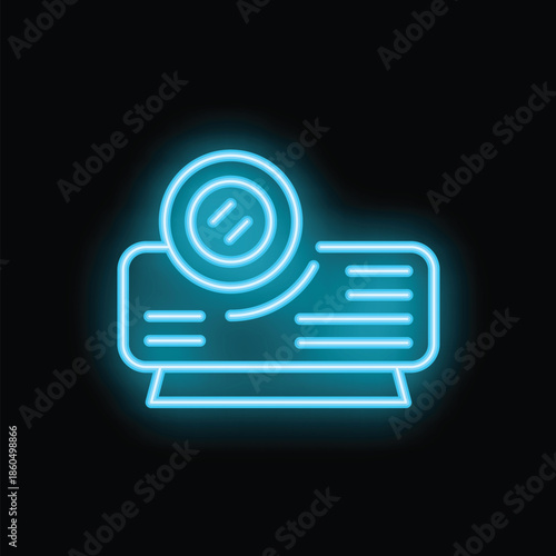 Blue neon icon of a projector shining in the dark, perfect for representing home cinema entertainment