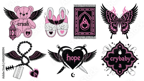 Dark gothic winged teddy bear holding lantern and pink lace rabbit mask with ornate flaming rug and mystical butterfly dark vector art composition