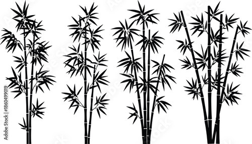 Black bamboo plant silhouettes collection featuring tropical foliage stalks and leaves, minimalist nature illustration set isolated on white background