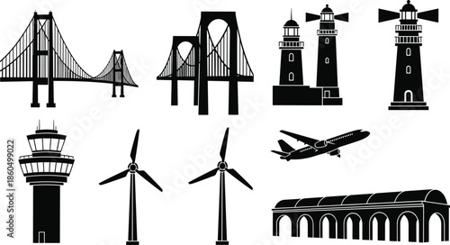 Black silhouette infrastructure icons featuring bridges lighthouses wind turbines airport control tower airplane transportation architecture illustration set vector collection