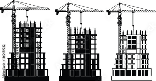 Construction crane building silhouettes showing high rise development stages, urban architecture growth and infrastructure progress isolated on white background