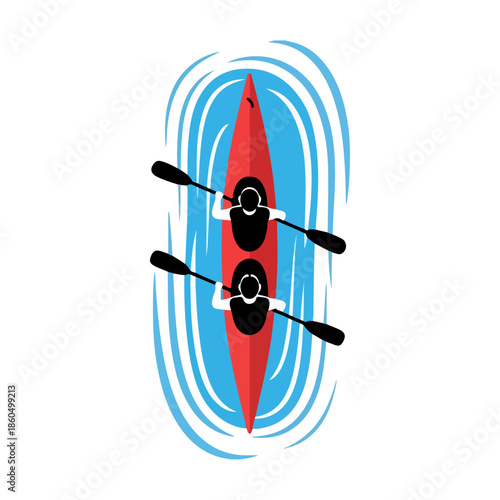 Two People Rowing Red Canoe Together.