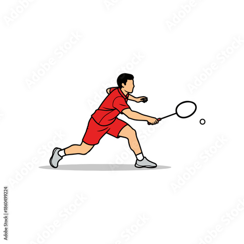 Badminton athlete lunging to hit shuttlecock.