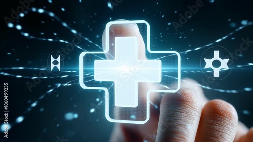 Finger pressing glowing medical cross hologram symbolizing digital healthcare