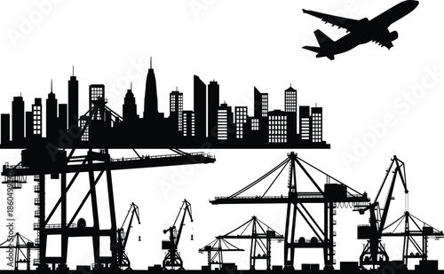 Industrial port city skyline silhouette with cargo cranes, shipping harbor infrastructure and airplane flying above urban landscape isolated on white