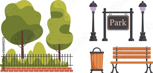 City Park Elements Vector Illustration, Trees Fence Bench Lamp Trash Can and Signboard, Urban Nature Landscape Design for Public Recreation