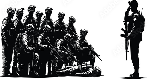 Special Forces Team Silhouette with Armed Soldiers in Tactical Formation Vector Illustration for Military, Security, and Defense Concepts