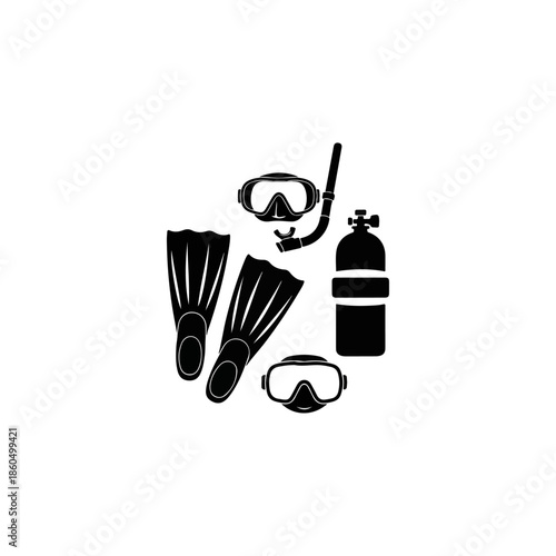 Scuba Diving Equipment Set With Fins Mask and Tank.