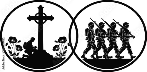 War remembrance and military march silhouette illustration showing fallen soldier memorial cross and armed troops symbolizing sacrifice and service
