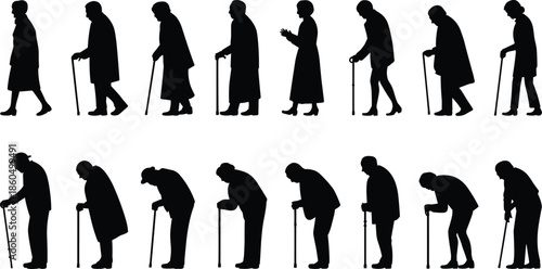 Elderly People Walking Silhouette Collection Vector Illustration, Senior Men and Women with Canes in Different Poses, Black Aging Lifestyle Design Set