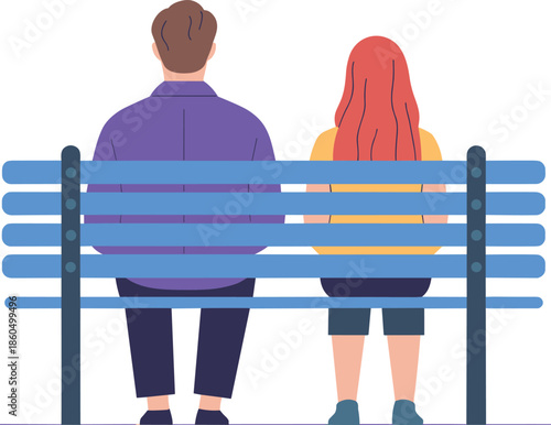 Couple Sitting on Park Bench Vector Illustration, Man and Woman from Back View, Flat Style Relationship Concept for Urban Lifestyle Design
