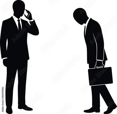 Business conflict silhouettes showing stressed manager on phone and discouraged employee, workplace pressure, failure, leadership and corporate tension concept
