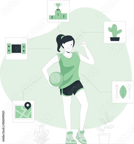 Young woman practicing yoga with a ball in a serene environment surrounded by plants and technology icons