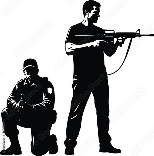 Black and White Silhouette Illustration of Armed Private Security Guard and Tactical Police Officer Standing and Kneeling with Rifle Weapon